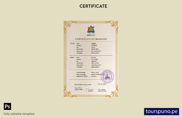 Plantilla PSD de certificado de matrimonio de Granada lista para imprimir